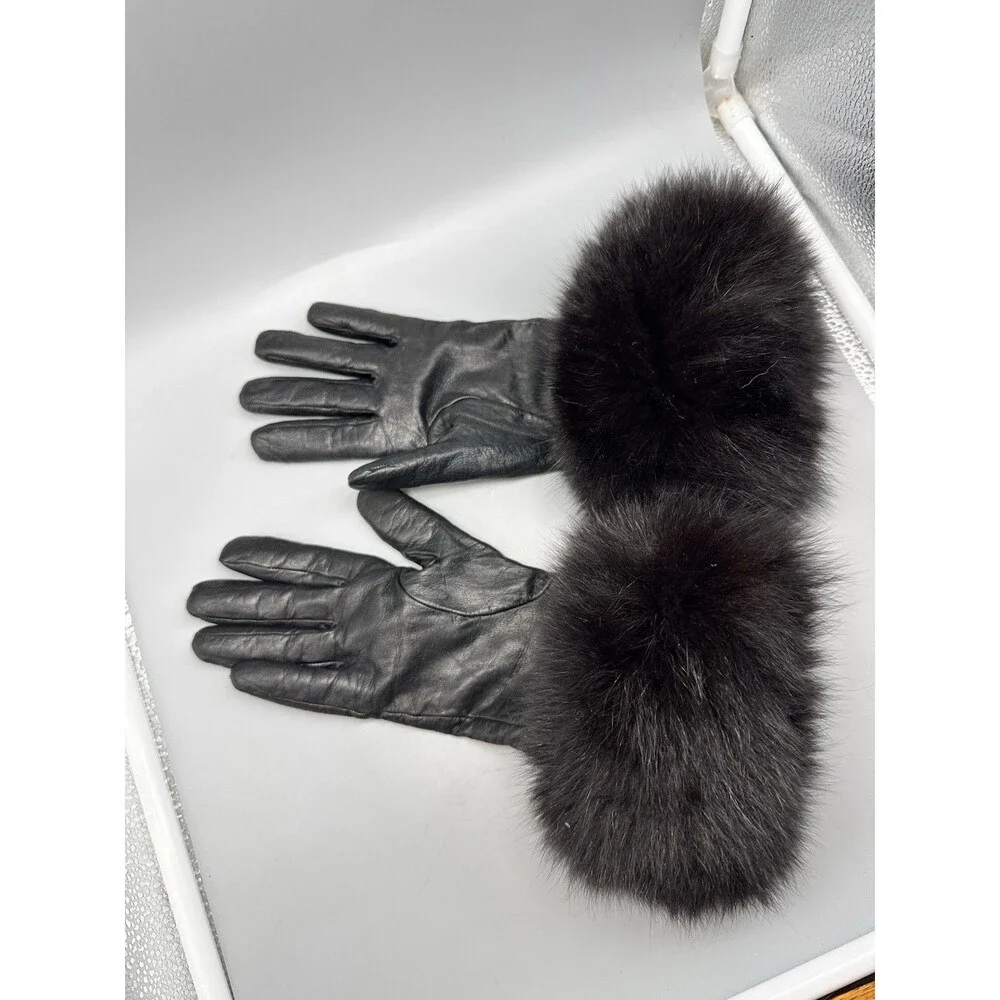 Marcus Adler Faux Fur Trim 100% Cashmere-Lined Black Leather Gloves Sz. 7 1/2